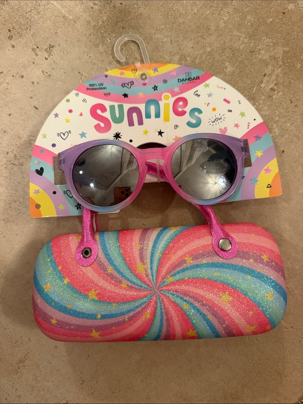 Brand New Sunnies Kids Round Sunglasses with Rainbow Swirl Case